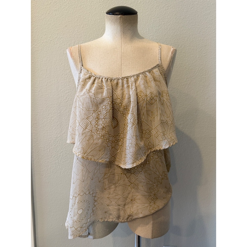 Kirra Women's Large Boho Geometric Layered Ruffle Tank Top Lace Back Tan Cream